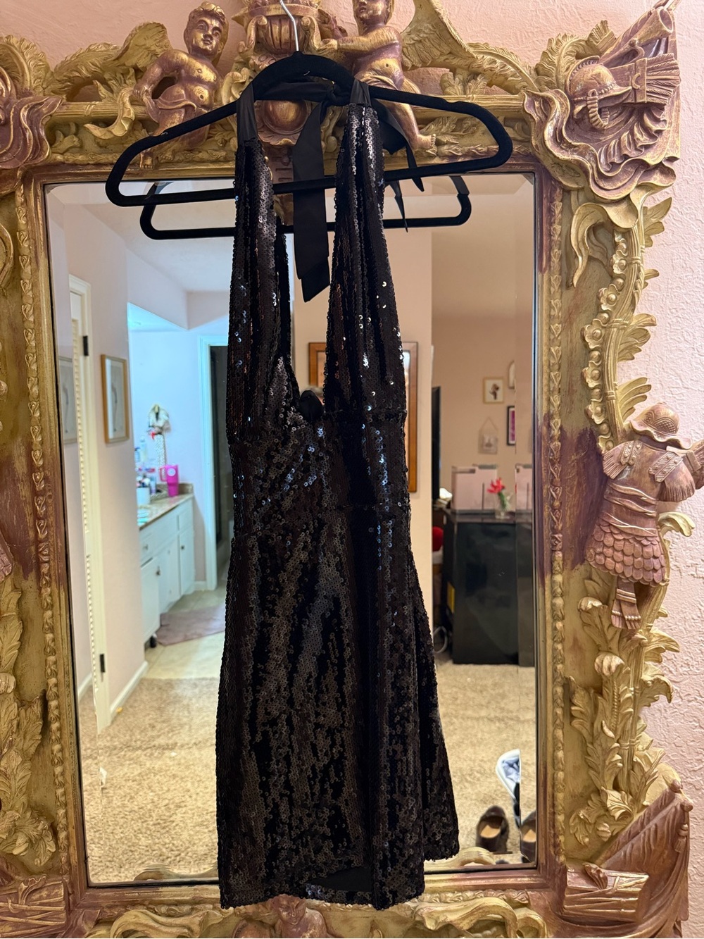 Meshki Black Sequin Halter Mini Dress